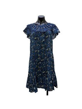 Othilia Blue & White Floral Lace Trim Tiered Dress XS P
